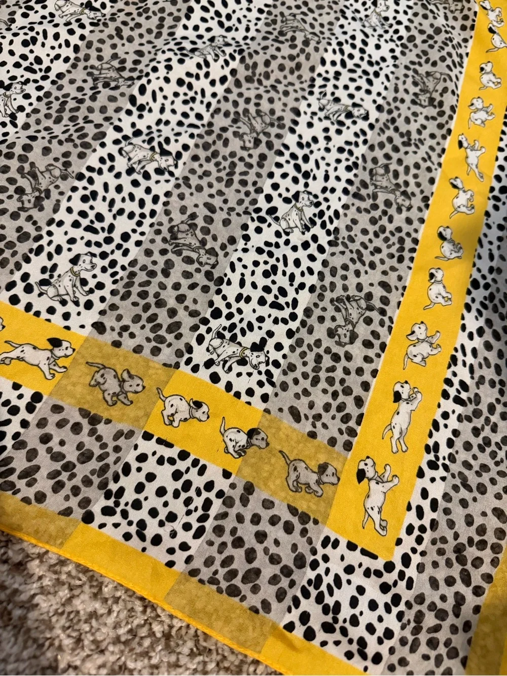 Yellow Border Polka Dot Scarf with Dalmatian Dog Motif
